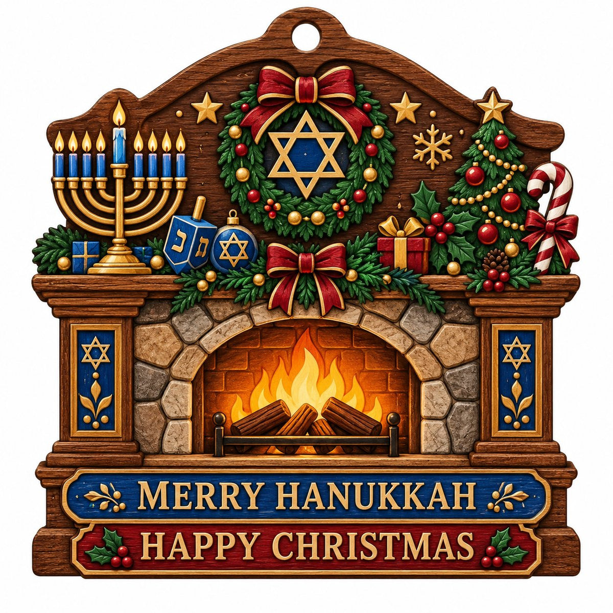 Wood ornament shaped like a fireplace mantel with a menorah, dreidel, wreath, and the words MERRY HANUKKAH and HAPPY CHR