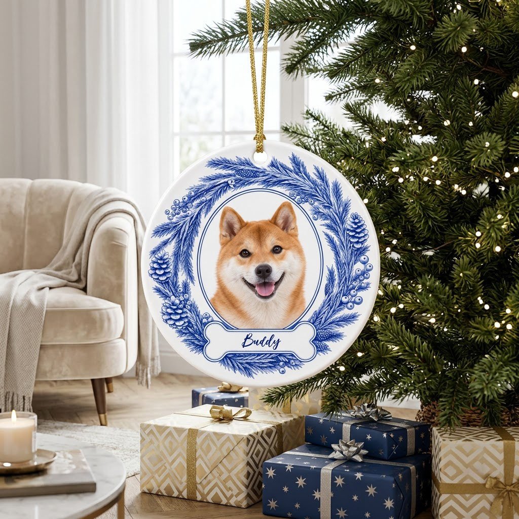 Round ceramic ornament with blue pine wreath, oval dog photo frame, and a blue-outlined bone at the bottom.