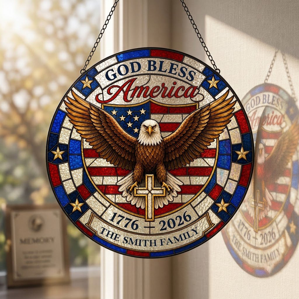 Round stained glass-look suncatcher with a bald eagle over a gold cross and an American flag shield with family name.