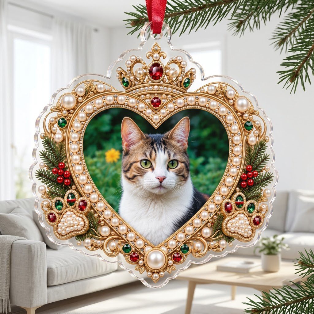 Acrylic ornament with a cat photo framed by gold filigree, jeweled crown, faux pearls, holly and paw prints on an ornate