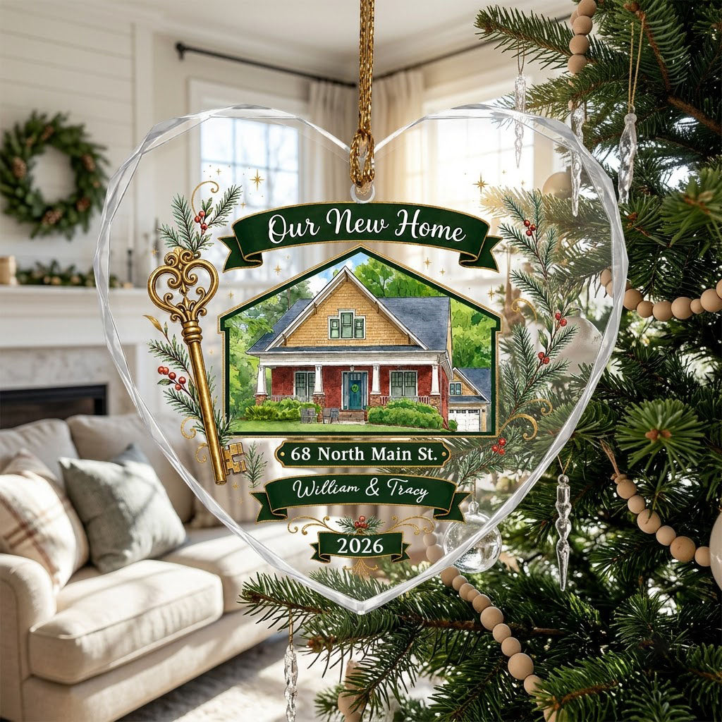 Heart-shaped glass ornament with watercolor house, gold key, evergreens, green banners, and 'Our New Home' text.