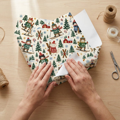 Wrapping paper featuring cartoon cats in winter gear skiing with pine trees, cabins, crossed skis and snowflakes.