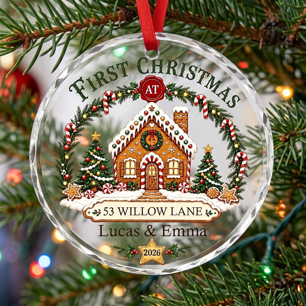 Personalized First Christmas at New Home Gingerbread House Round Glass Ornament