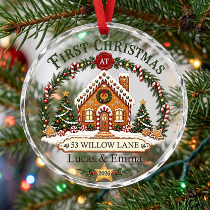 Personalized First Christmas at New Home Gingerbread House Round Glass Ornament
