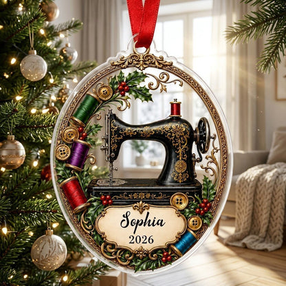 Personalized Vintage Sewing Machine Acrylic Ornament, Custom Quilter Seamstress Holiday Keepsake