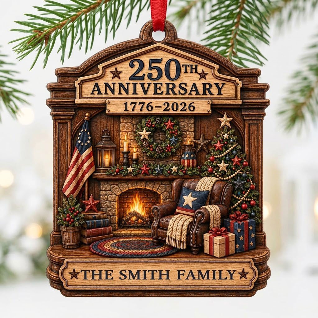 Arch wood ornament with a cozy fireplace, Christmas tree, and American flag, personalized with the family name.