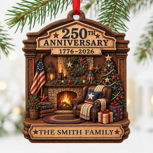 Arch wood ornament with a cozy fireplace, Christmas tree, and American flag, personalized with the family name.