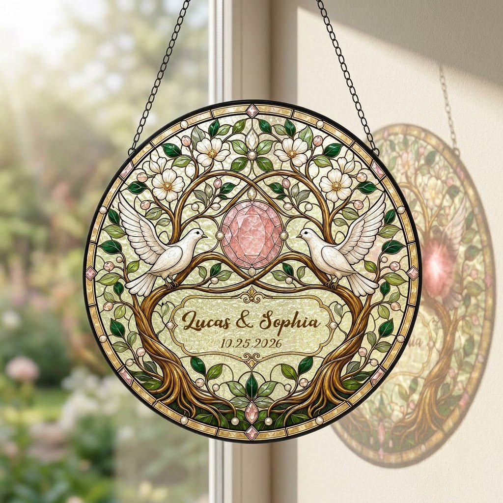 Personalized Wedding Doves & Pink Crystal Gem Floral Tree of Life Stained Glass Round Suncatcher