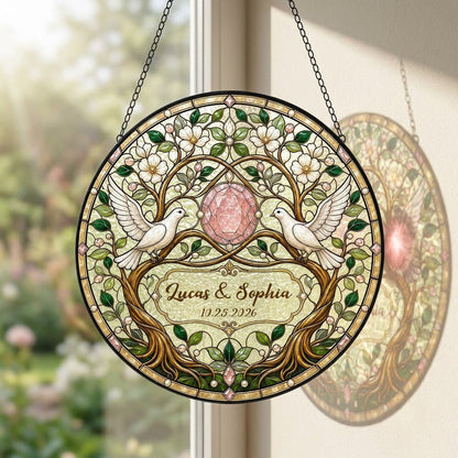 Personalized Wedding Doves & Pink Crystal Gem Floral Tree of Life Stained Glass Round Suncatcher