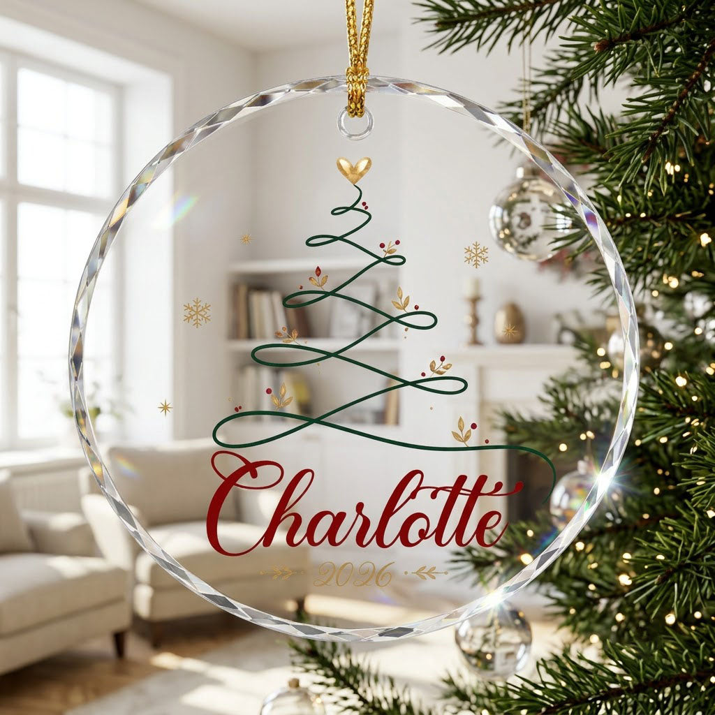 Clear round glass ornament with a looping green line Christmas tree topped by a small gold heart, name and year.