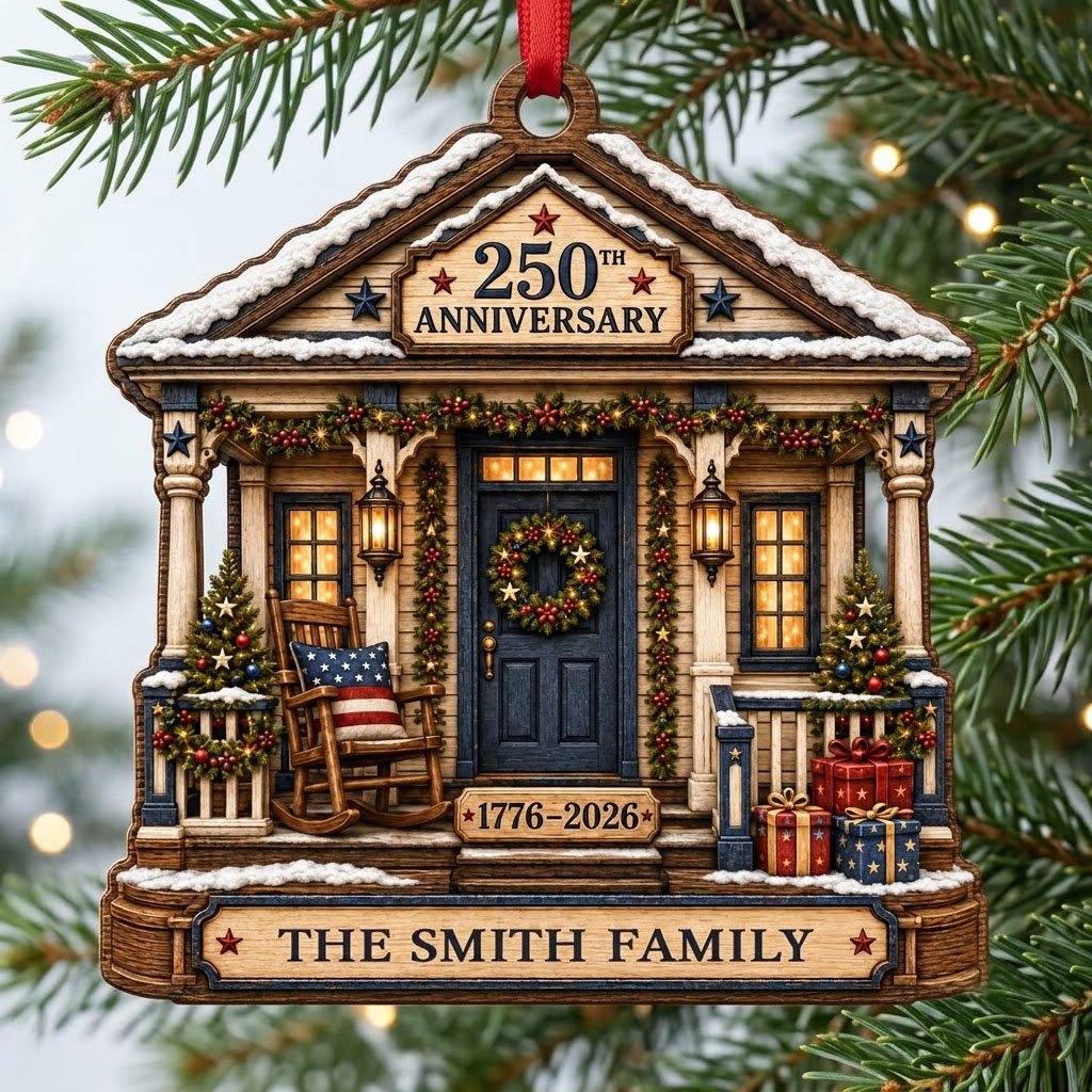 House-shaped ornament with patriotic porch, blue door, wreath, and '250TH ANNIVERSARY 1776-2026' text