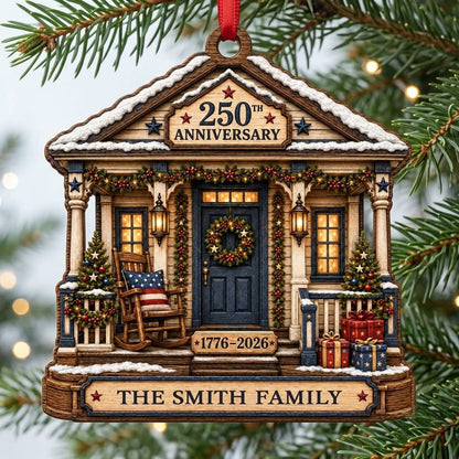 House-shaped ornament with patriotic porch, blue door, wreath, and '250TH ANNIVERSARY 1776-2026' text