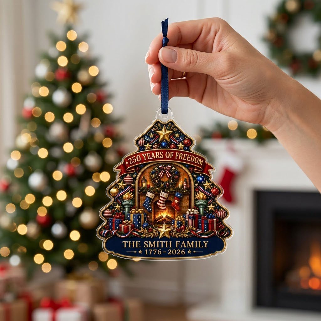 Personalized America 250th Tree Fireplace Acrylic Ornament, Custom Patriotic Holiday Keepsake