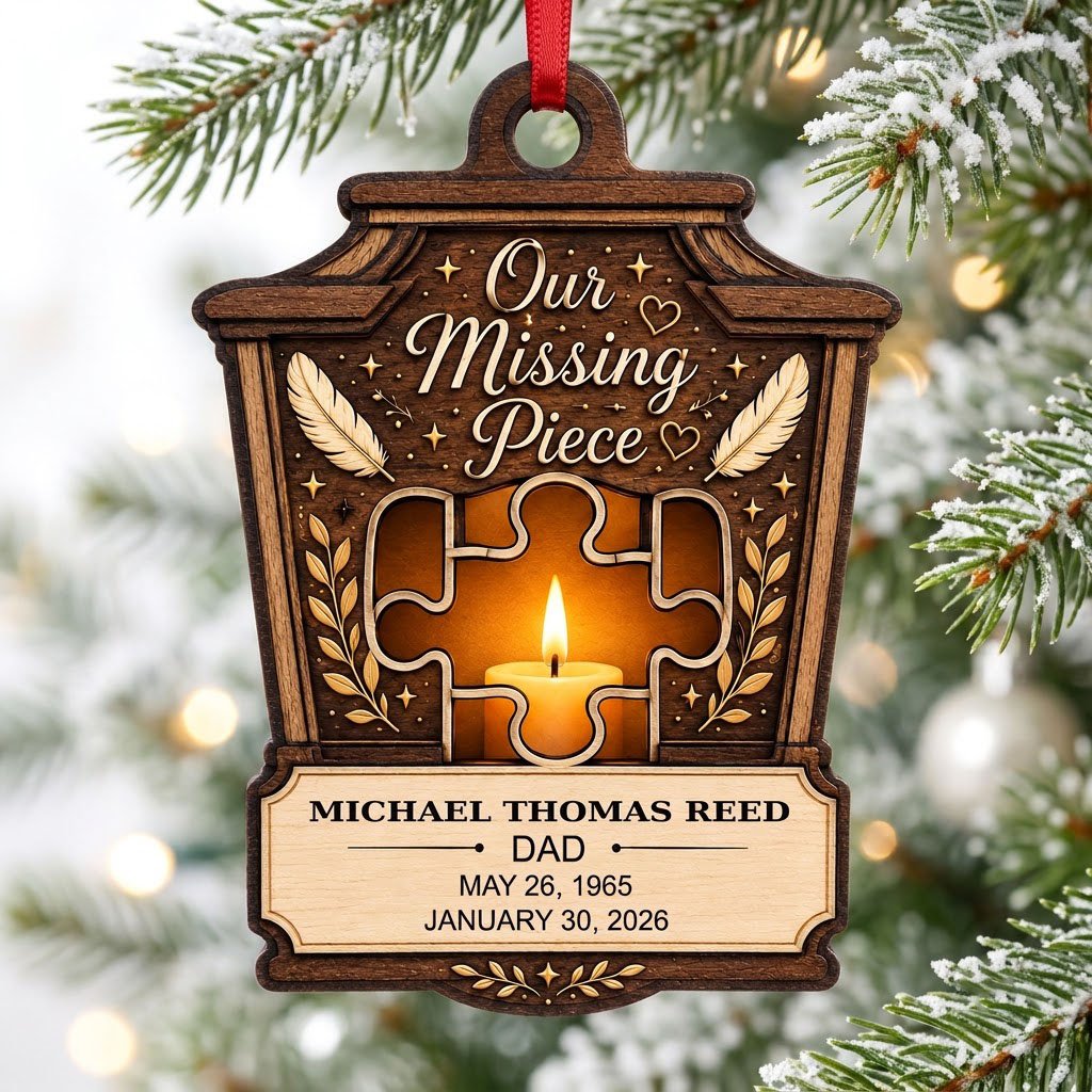 Wood ornament with lantern-style frame, puzzle-piece cutout revealing candle glow, “Our Missing Piece” text and feather 
