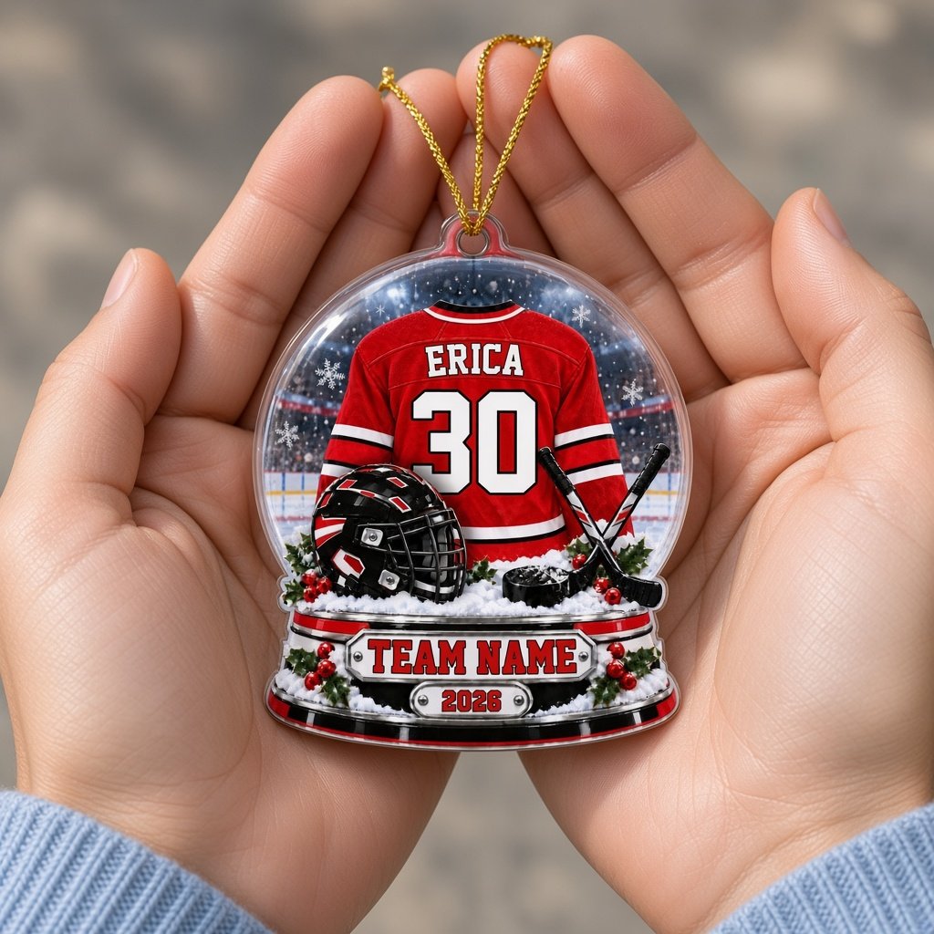 Snow globe acrylic ornament with red and white hockey jersey, black helmet and puck, and a snowy rink backdrop.