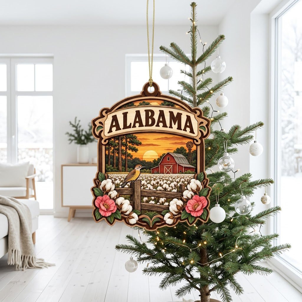 Custom-cut wood ornament with “ALABAMA”, red barn, windmill, yellowhammer bird, cotton and pink camellias at sunset.