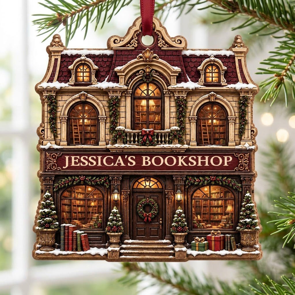 Victorian bookshop facade ornament with garlands, wreath, potted trees and 'BOOKSHOP' sign, personalized with a name.