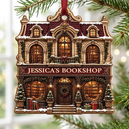 Victorian bookshop facade ornament with garlands, wreath, potted trees and 'BOOKSHOP' sign, personalized with a name.