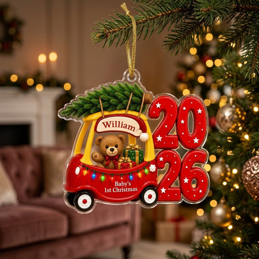 Red toy car with pine tree, teddy bear and gifts, "Baby's 1st Christmas" and 2026 star-pattern numbers on clear acrylic.