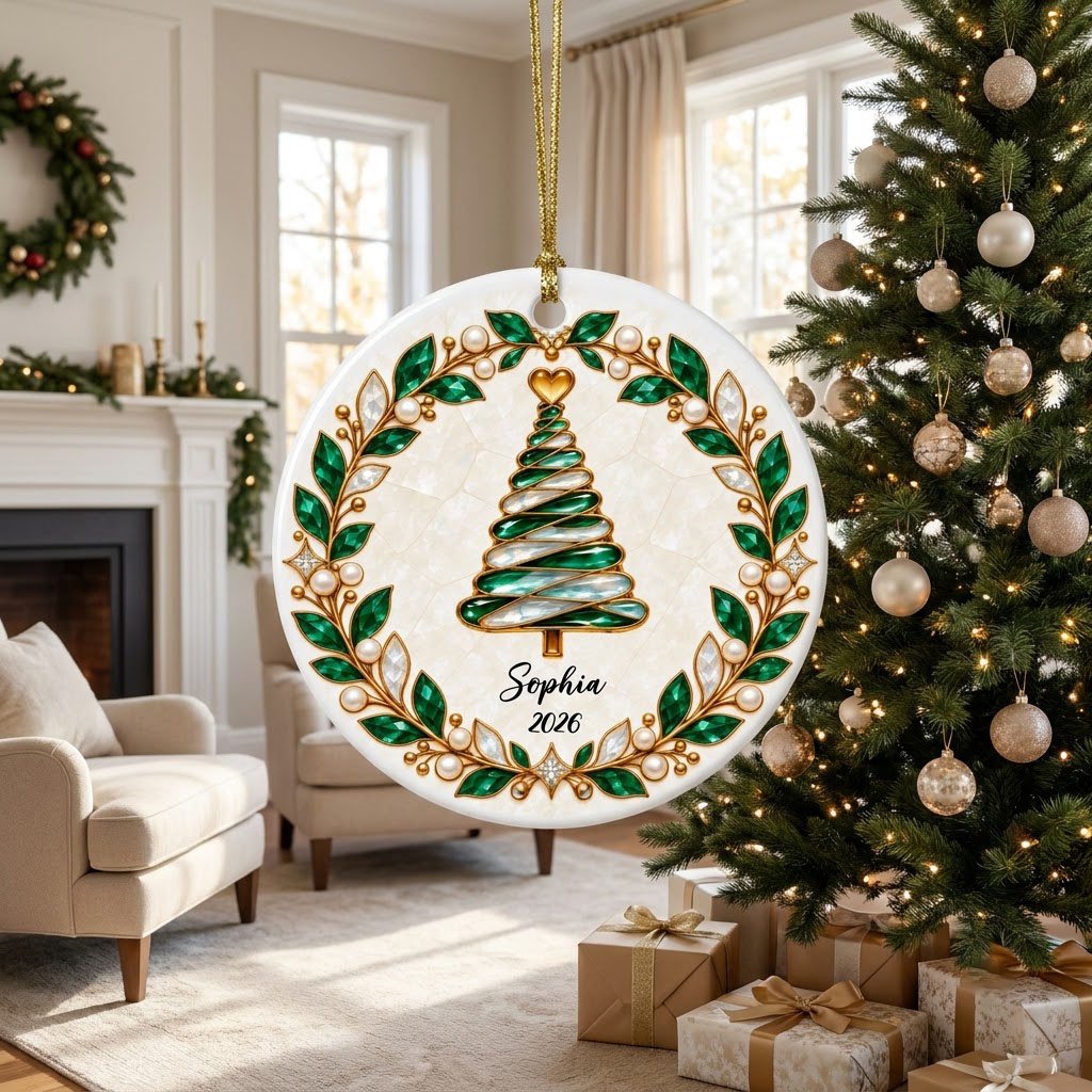 Round ceramic ornament with an emerald jeweled spiral Christmas tree and gold filigree wreath on cream.