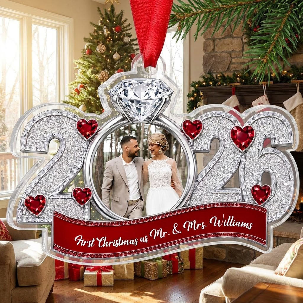Acrylic ornament shaped like 2025 with a diamond-topped ring photo frame, red heart jewels and a red name banner