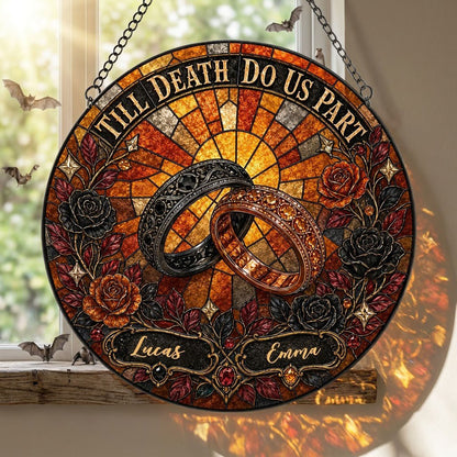Personalized Gothic Wedding Rings Till Death Do Us Part Stained Glass Round Suncatcher