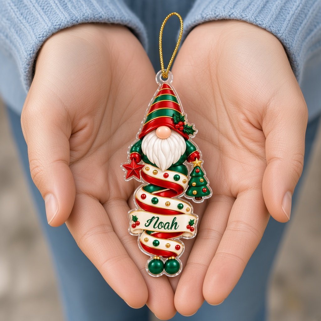Clear acrylic ornaments shaped like a Christmas gnome and elf in red and green, each personalized with a name.