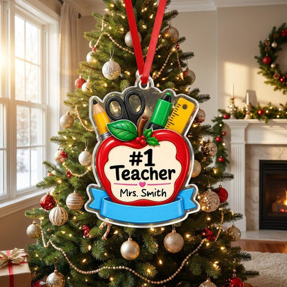 Personalized #1 Teacher Red Apple Acrylic Ornament, Custom School Appreciation Keepsake