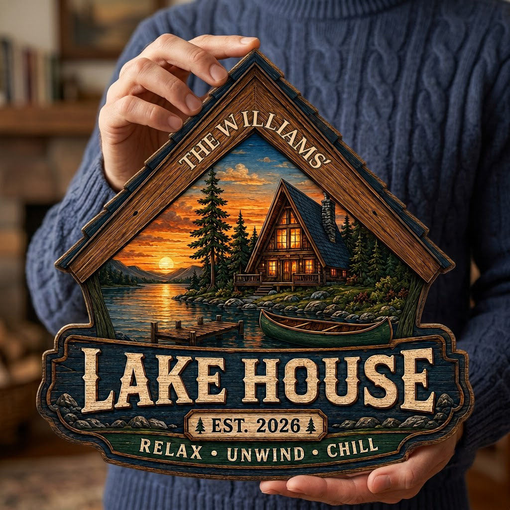 Personalized Lake House Cabin Sunset Wooden Hanging Sign