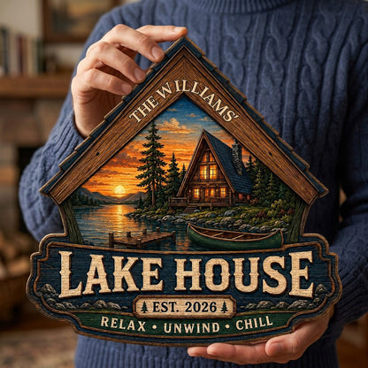 Personalized Lake House Cabin Sunset Wooden Hanging Sign