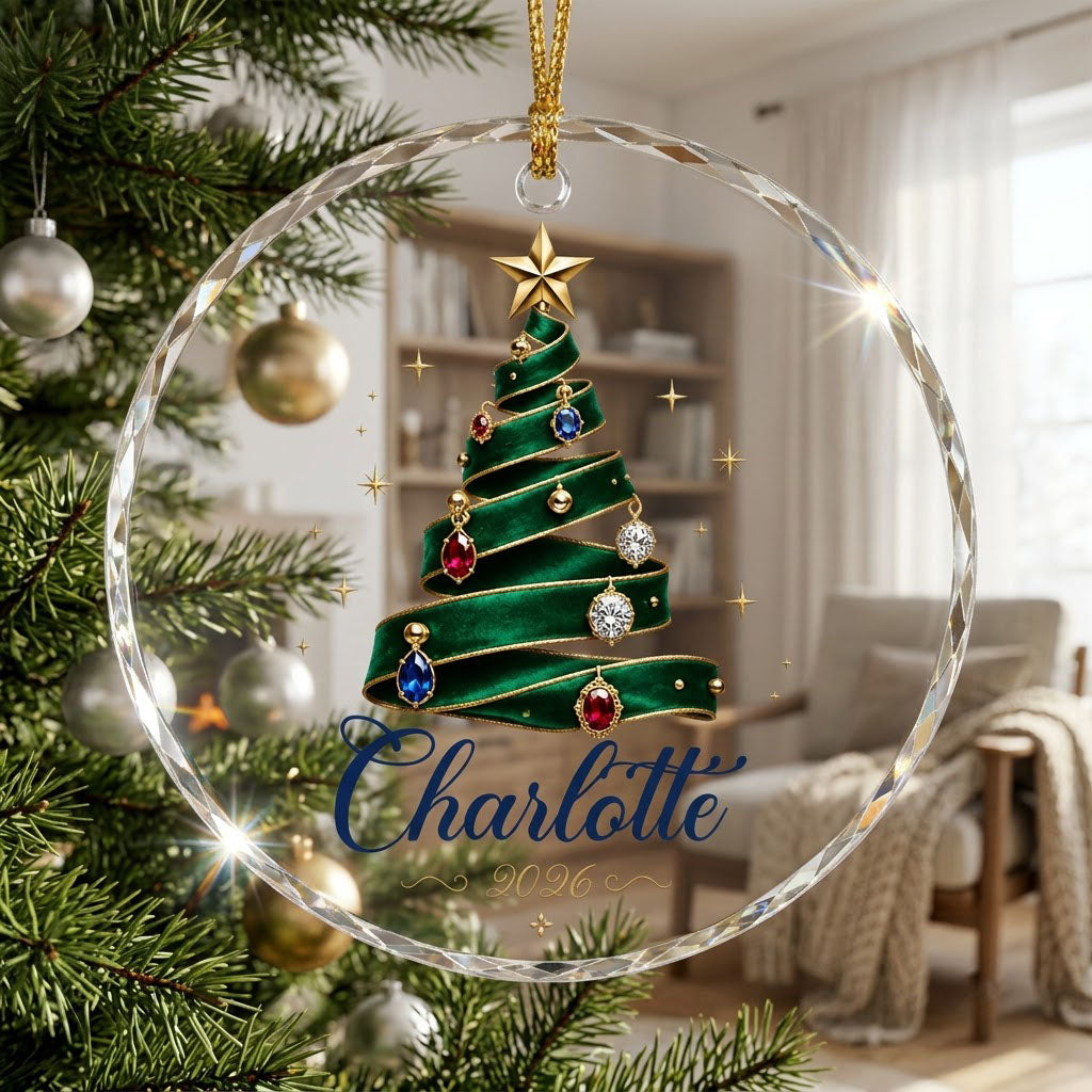 Round glass ornament with emerald ribbon tree, gold star and gem ornaments, personalized with name and year.
