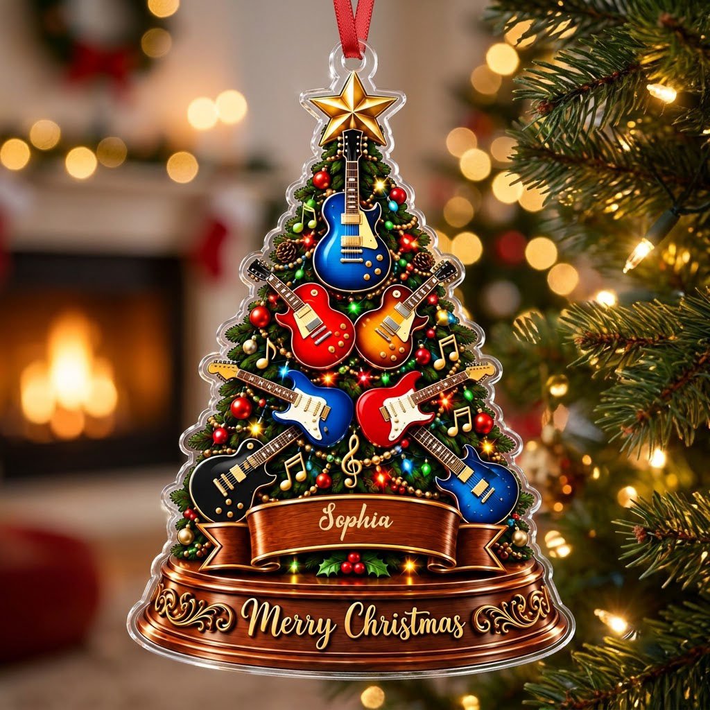 Green tree-shaped acrylic ornament with electric guitars, gold music notes, a name banner, and a gold star topper.