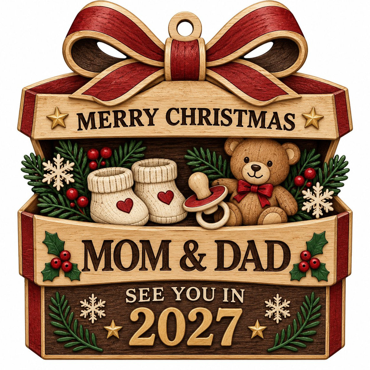 Gift box-shaped wood ornament with red bow, baby booties, teddy bear, and 'Mom & Dad See You In 2027' text.
