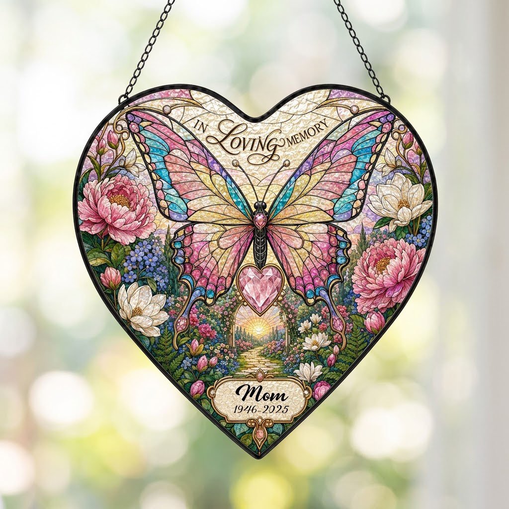 Personalized Butterfly Floral Garden Memorial In Loving Memory Heart Stained Glass Suncatcher