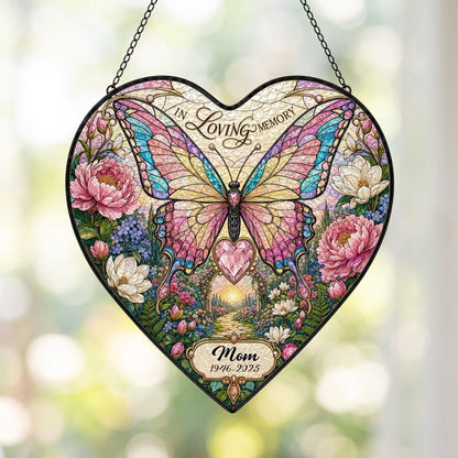 Personalized Butterfly Floral Garden Memorial In Loving Memory Heart Stained Glass Suncatcher