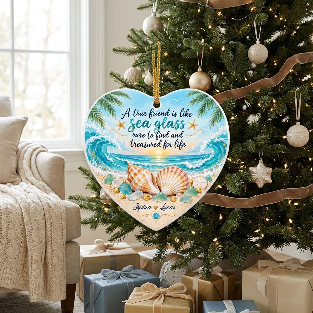 Heart ceramic ornament with beach sunset, palm trees, shells, sea glass, starfish, and a friendship quote.
