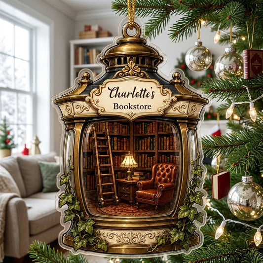 Personalized Vintage Library Terrarium Acrylic Ornament, Custom Book Lover Keepsake