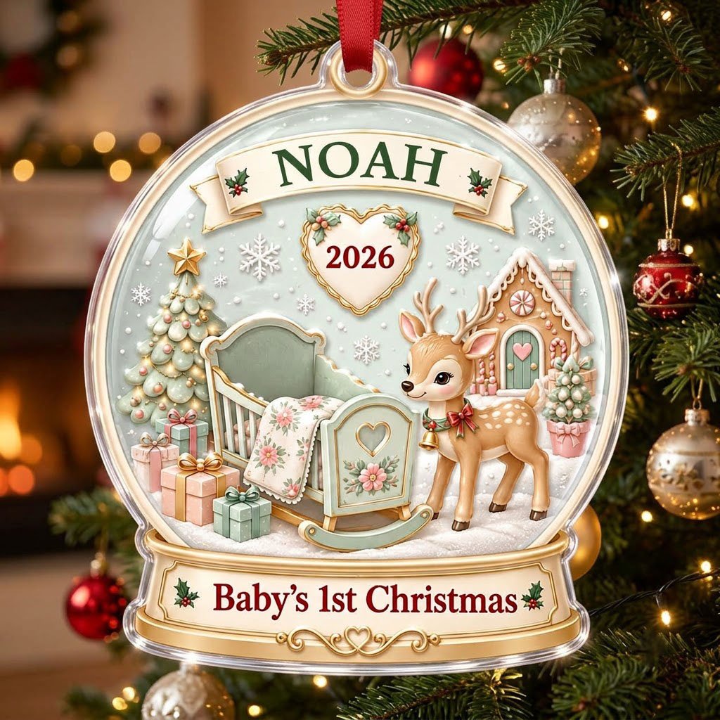 Acrylic snowglobe ornament with Baby's 1st Christmas, fawn with red bow, cradle, tree, gifts and gingerbread house