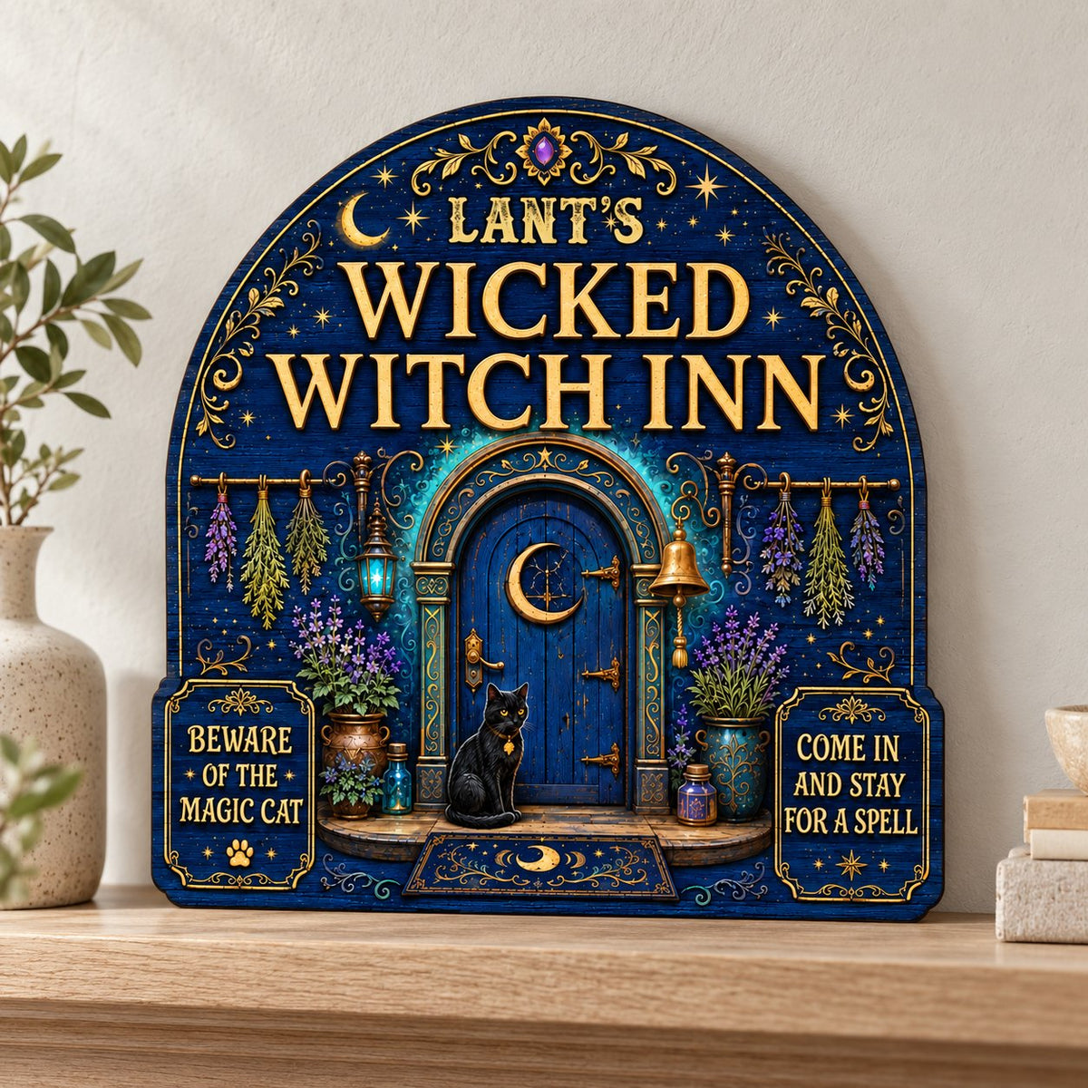 Custom-cut arched blue door wooden sign with black cat, crescent moon, herbs, lantern, bell, lavender and witchy plaques