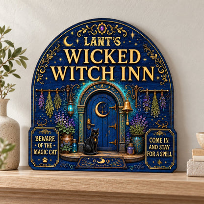 Custom-cut arched blue door wooden sign with black cat, crescent moon, herbs, lantern, bell, lavender and witchy plaques
