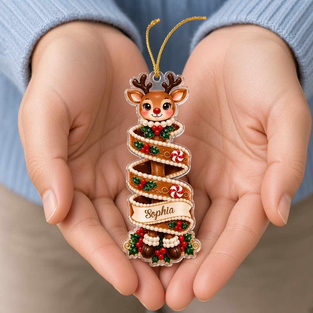 Custom-cut acrylic ornament showing a reindeer or Santa head wrapped in a name banner with holly and candies.