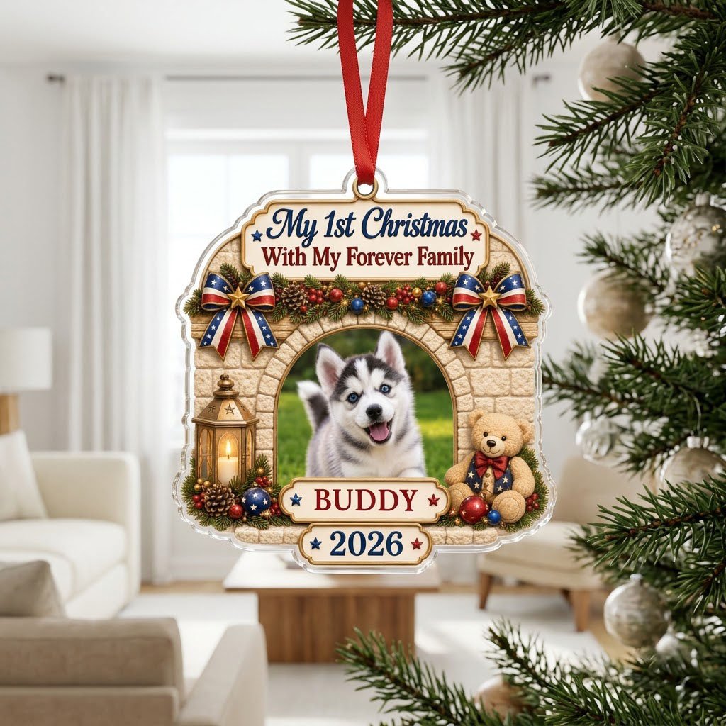 Arched acrylic ornament with stone arch, pine garland, patriotic bows, lantern, teddy bear, and a photo slot.