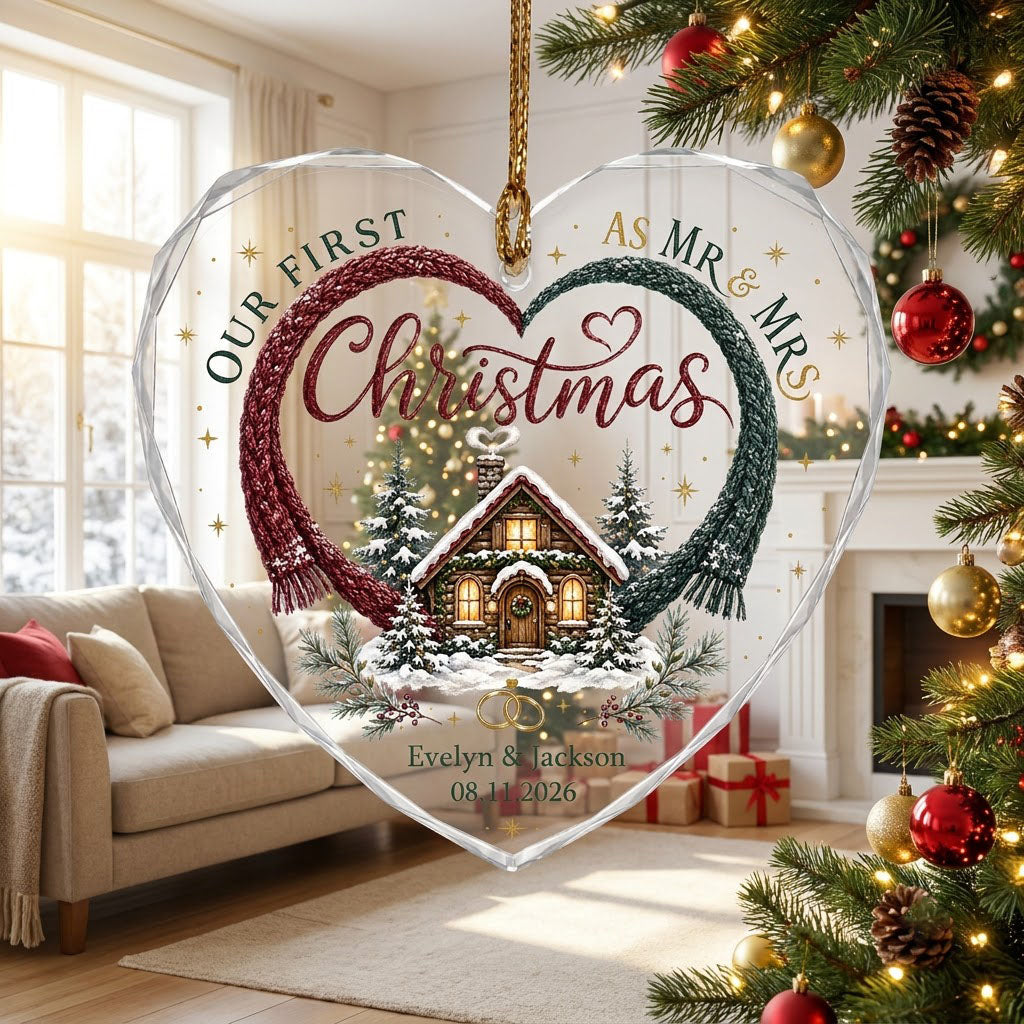 Personalized Our First Christmas as Mr & Mrs Winter Cabin Heart Glass Ornament