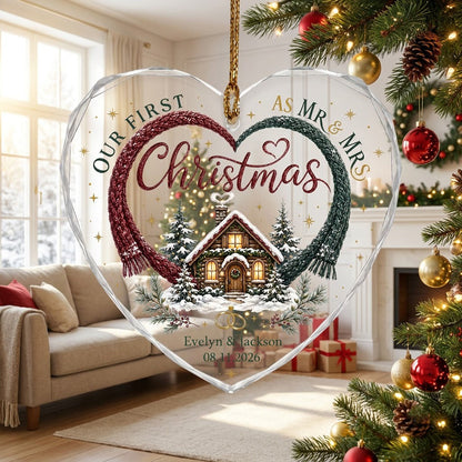 Personalized Our First Christmas as Mr & Mrs Winter Cabin Heart Glass Ornament