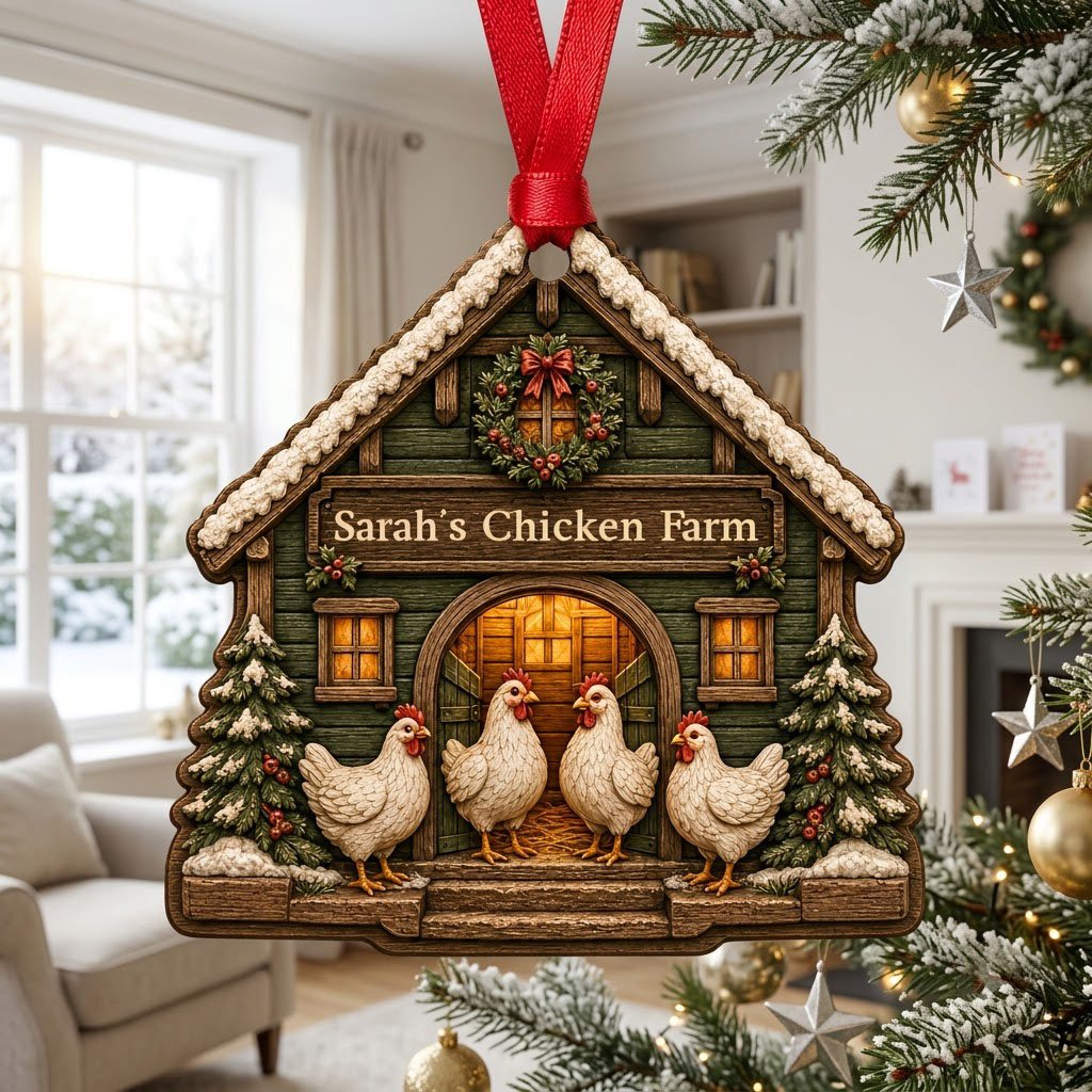 Personalized Winter Chicken Coop Wood Ornament, Custom Farmhouse Keepsake