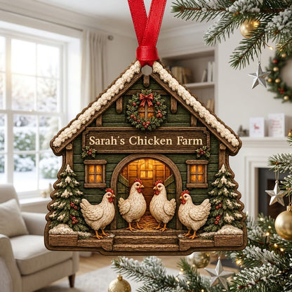Personalized Winter Chicken Coop Wood Ornament, Custom Farmhouse Keepsake