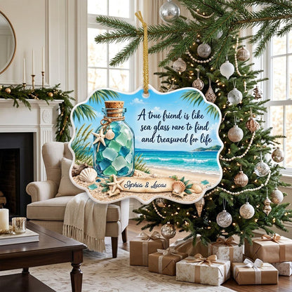Ornate medallion ceramic ornament with sea glass jar, beach scene, palm branches and a friendship quote for two names.