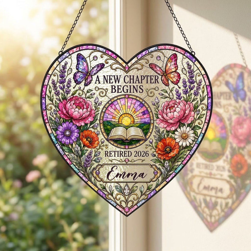 Personalized Retirement Open Book & Sunrise A New Chapter Begins Heart Stained Glass Suncatcher