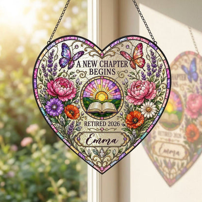 Personalized Retirement Open Book & Sunrise A New Chapter Begins Heart Stained Glass Suncatcher