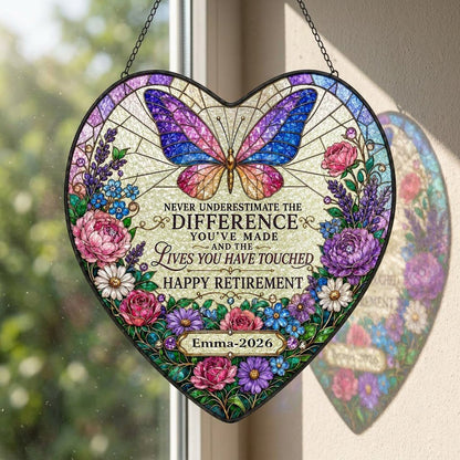 Personalized Butterfly Floral Never Underestimate The Difference Happy Retirement Heart Stained Glass Suncatcher